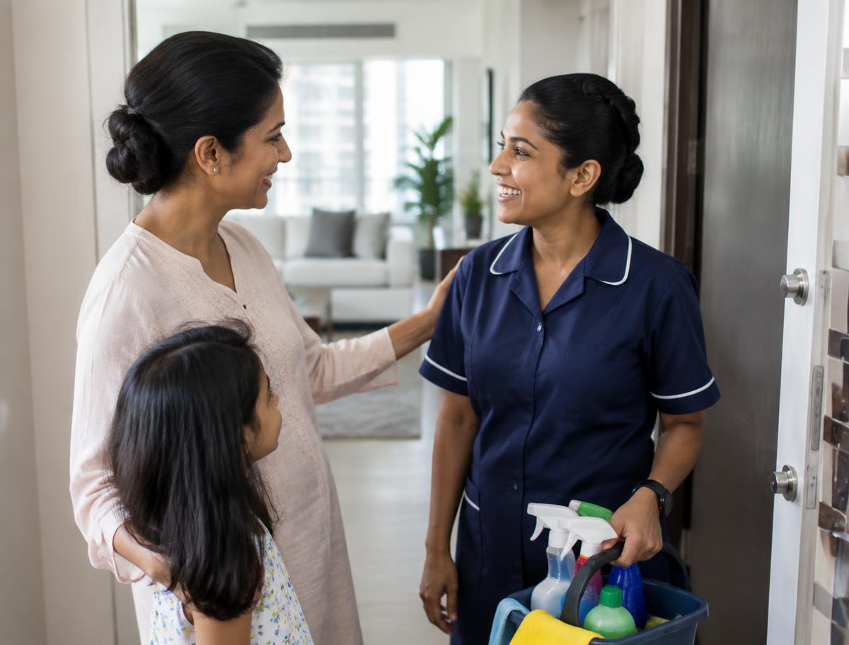 Mother and daughter welcoming an iMaidAid professional at their door
