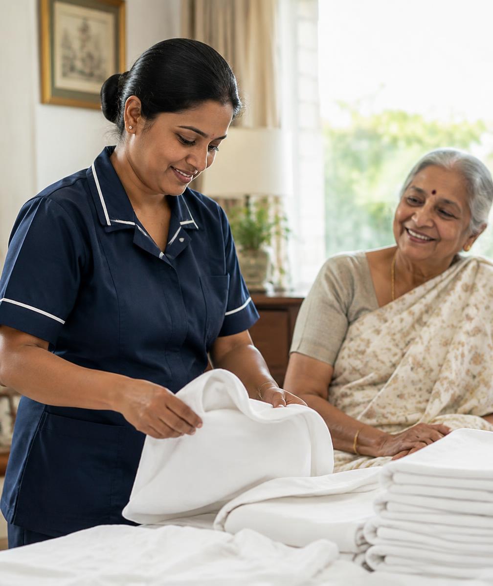 iMaidAid professional folding fresh linen beside a smiling grandmother